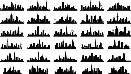 Obraz premium Global city skyline silhouette set with diverse architectural landmarks and urban profiles for travel, design, and presentations
