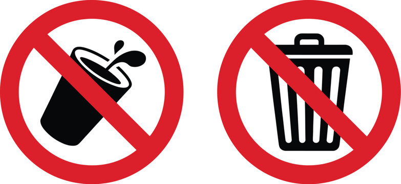 No food or drink allowed and do not litter trash forbidden warning signs collection with red prohibition circle vector elements.