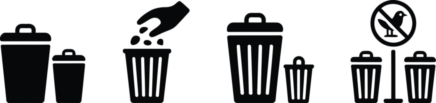 Trash bin silhouette vector set containing garbage can waste baskets throwing litter hand and no bird feeding prohibited sign.
