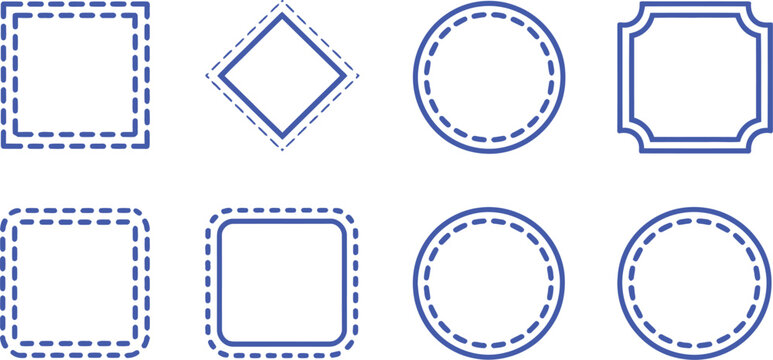Blue dashed and solid line vector frame border geometric shapes set with square round circle rectangle diamond badge label elements.