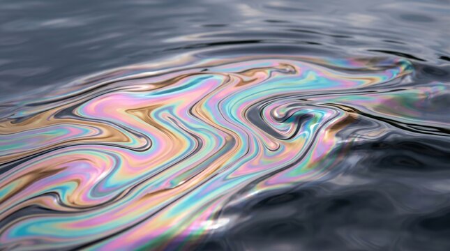 Oil slick texture showing vibrant iridescent rainbow colors swirling on dark water surface creating an abstract liquid pattern for modern graphic design and artistic backgrounds