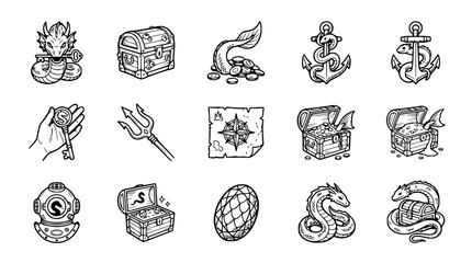 Nautical Icons: Dragon, Treasure Chests, Anchor, Trident, Map, Diver, Egg © Xandal