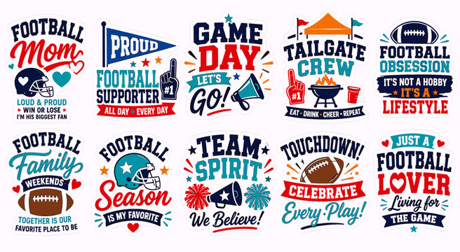 A collection of ten vibrant football-themed graphic designs for fans and supporters, featuring various slogans and illustrations like helmets, balls, and megaphones.