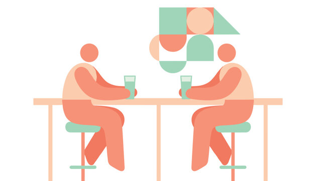 Two people sitting together at a high table with glasses while having a casual conversation with abstract geometric shapes floating above them.