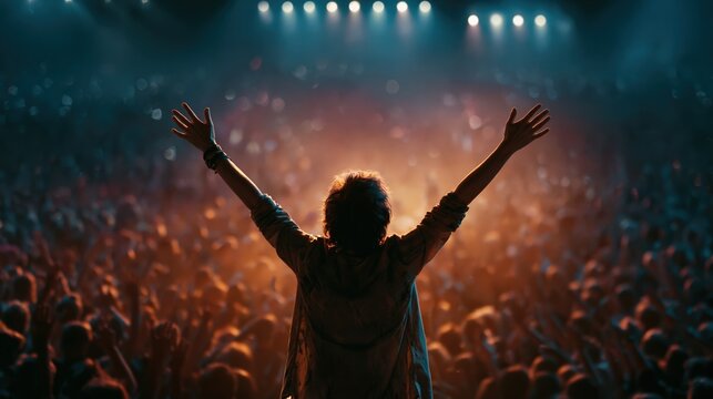 Un artiste l&egrave;ve les bras face &agrave; une foule en liesse sous les projecteurs