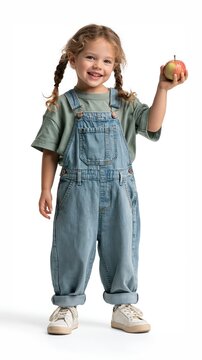 Petite fille souriante en salopette en jean tenant une pomme