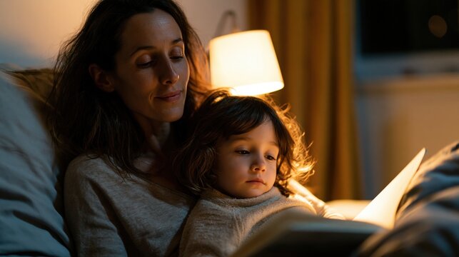 Une m&egrave;re lit une histoire &agrave; son enfant blotti contre elle au coucher