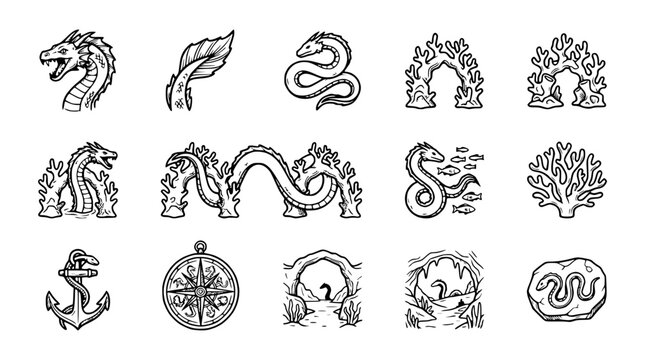 Mythical Sea Creatures, Ancient Maps, and Ocean Icons - Hand-Drawn Sketch Collection