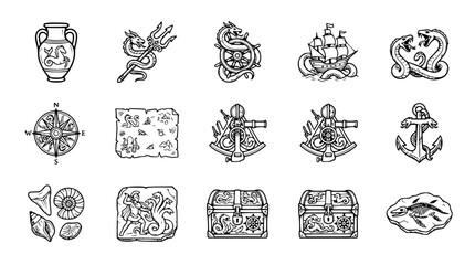 Nautical Adventure Icons: Treasure Map, Ship, Compass, Anchor, Sea Monsters, Chest © Xandal