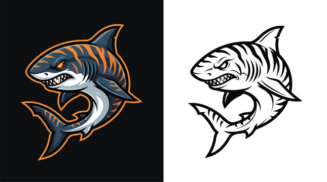 Aggressive shark mascot logo design in two styles, one colored with tiger stripes and glowing eyes on a dark background, and one in black and white outline.