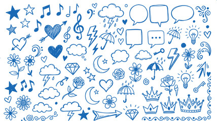 Obraz premium Hand-Drawn Blue Doodle Icons Collection – Music, Weather, Love, Crowns, Flowers, and Symbols for Creative Designs