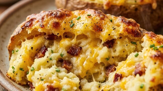 High-end stock food photography of a twice-baked potato stuffed with rich mashed potatoes, melted cheddar cheese, sour cream, crispy bacon bits, and chopped chives.