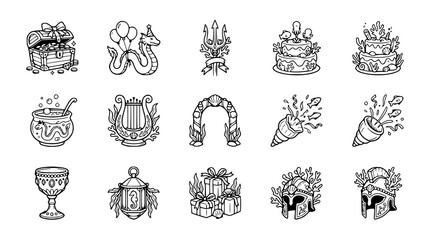 Fantasy Icons: Treasure Chest, Mythical Creatures, Party, Celebration, and Ancient Symbols © Xandal