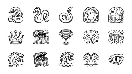 Fantasy Icons: Dragons, Treasure, Crown, Cave, Trophy, Fireworks, Banners, Eye © Xandal