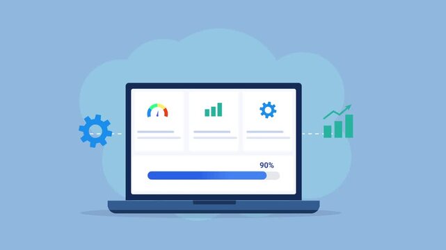 Modern flat vector animation of a laptop displaying an analytics dashboard with charts, settings, and progress bar. Ideal for business intelligence, software, data visualization, and web technology pr