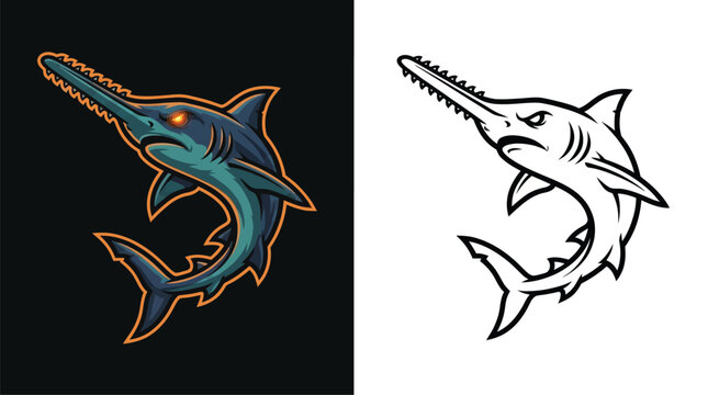 A fierce sawfish with glowing eyes and a serrated snout, depicted in both a vibrant, detailed illustration and a stark black and white outline.