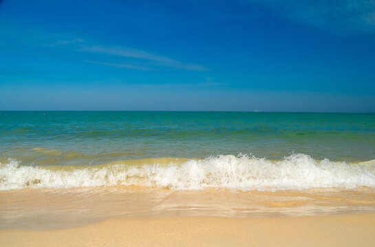 Horizon beautiful  landscape summer season panorama front view tropical sea beach white sand clean blue sky background calm nature ocean soft wave water travel at Sai Kaew Beach island sun day time