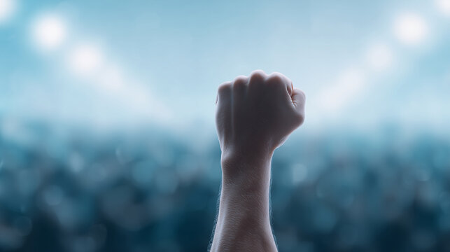 Raised clenched fist against blurred crowd background, symbol of determination, resilience, unity, empowerment and strength for motivation, advocacy campaigns and social awareness