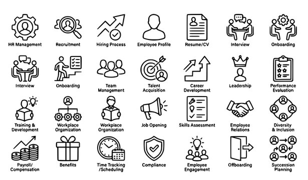 Human resources icons set comprehensive hr management and employee lifecycle illustration