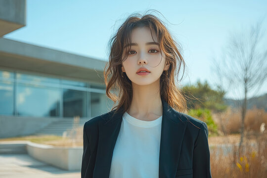 Stylish Korean Woman Framed by Architectural Marvel