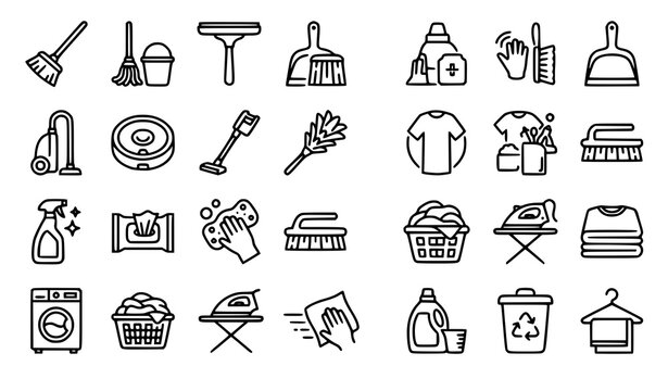 Cleaning services icon set line art vector illustration