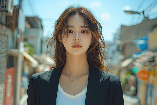 Stylish Korean Woman Framed by Architectural Marvel