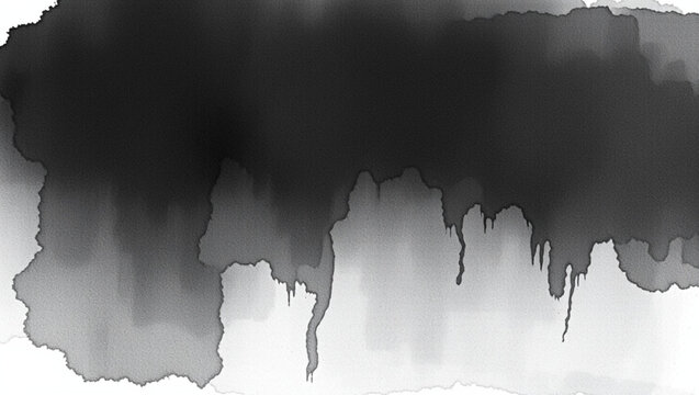 A black and white abstract ink painting with dark stains spreading downward from the top, irregular edges, and gradient