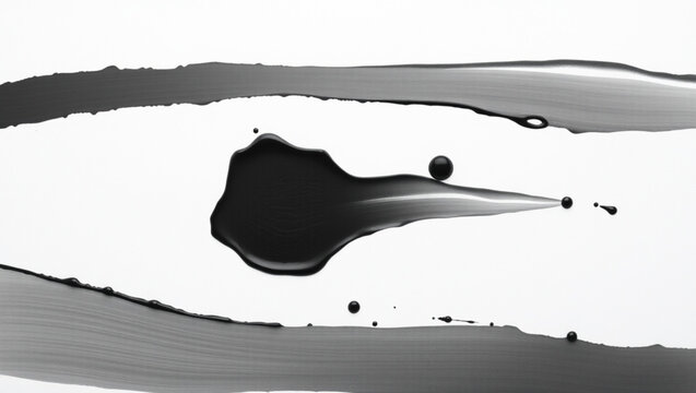 A black and white abstract composition featuring a central ink droplet in fluid motion, splintering into smaller drops a