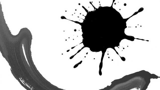A dynamic black ink splatter creates an abstract pattern in the center of the frame, with bold strokes and scattered dro