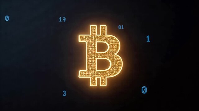 Golden Bitcoin symbol with binary numbers