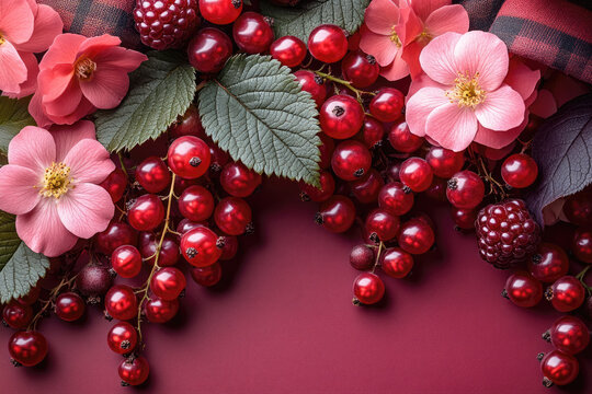 A Floral and Fruity Still Life on Burgundy Background