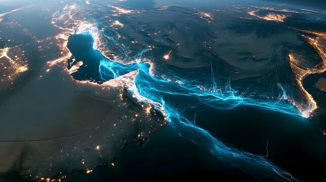 Satellite view of the Persian Gulf and Strait of Hormuz with glowing blue lines symbolizing naval traffic and strategic maritime routes amidst geopolitical tensions and regional conflict in Iran.