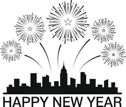 Black and white of a city skyline under fireworks for new year skyscrapers celebration