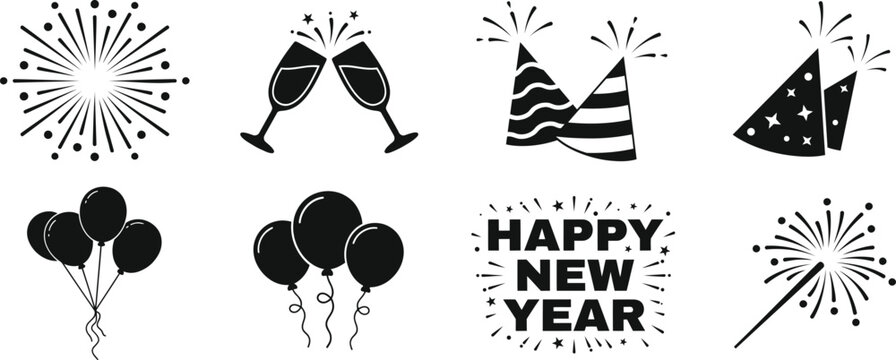 Black and white of fireworks and party hats for new year celebration sparklers