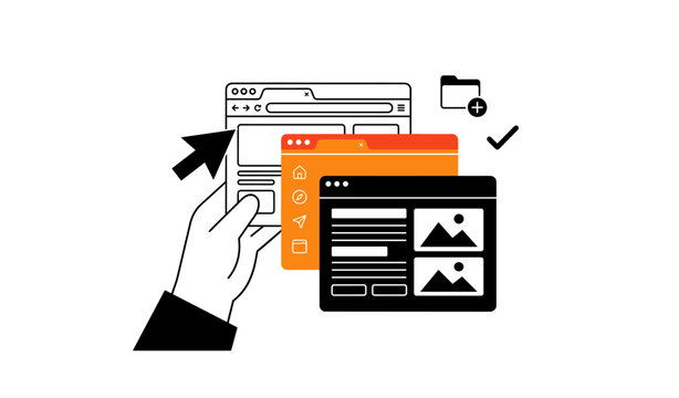 Hand interacting with browser windows and folders on orange circle