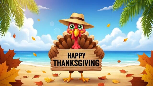 Cartoon turkey on a tropical beach holding a happy thanksgiving sign illustration