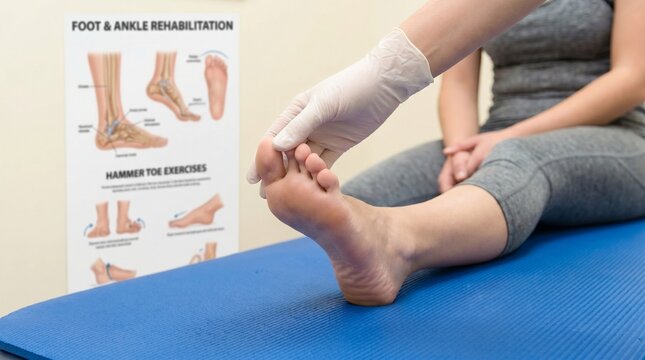 Professional Rehabilitation Concept Featuring Hammer Toe, Adult Patient Performing Prescribed Foot Stretching Exercises, Physiotherapy Environment, Focus on Affected Toes, Healthcare Recovery Theme