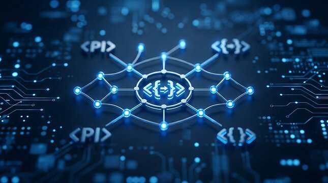 Abstract digital programming concept with a central code bracket connected to various development symbols on a dark blue circuit board background