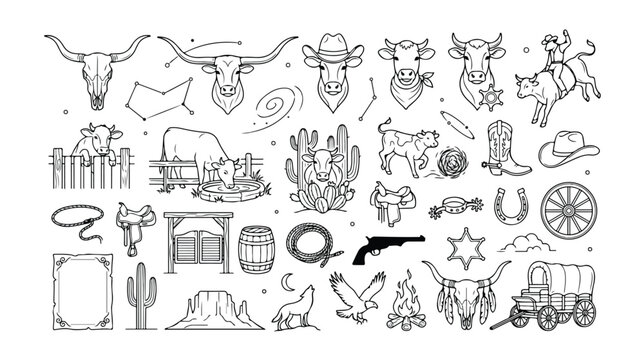 Wild West vector icon set, hand-drawn cowboy and rodeo elements, vintage Western American culture graphics, rustic ranch life illustrations for design projects.