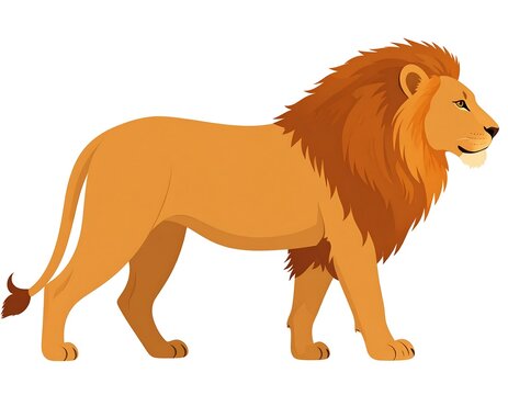 Cartoon illustration of a male lion walking sideways on a white background