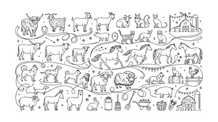 Fototapeta premium Farm animals vector collection, hand-drawn domestic livestock and pets, agricultural barnyard creatures, outline illustration set for children's books and educational materials