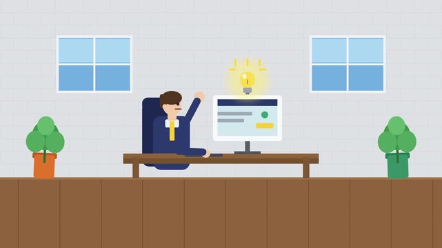 Pixel art businessman celebrates idea at office desk with desktop computer