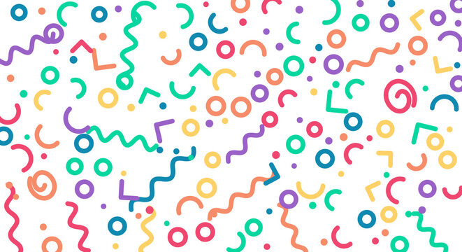 Seamless geometric memphis pattern with colorful abstract shapes and lines over transparent background.