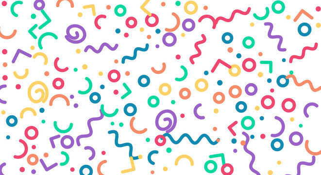 Colorful memphis pattern with various geometric figures and lines isolated on transparent background.