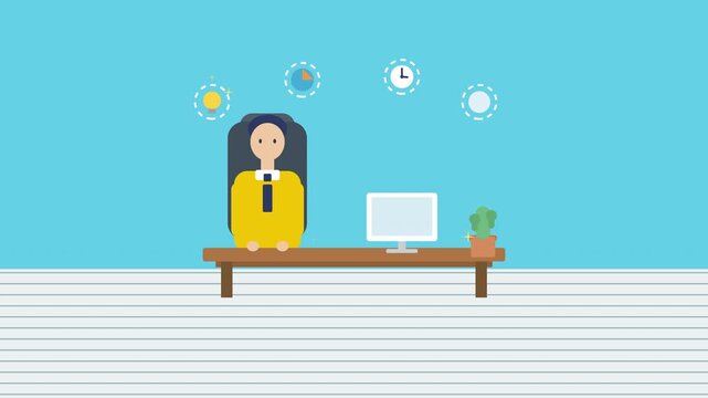 Businessman at desk with desktop computer and financial icons