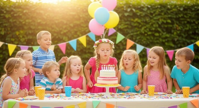 Children celebrating birthday outdoors with cake and colorful decorations