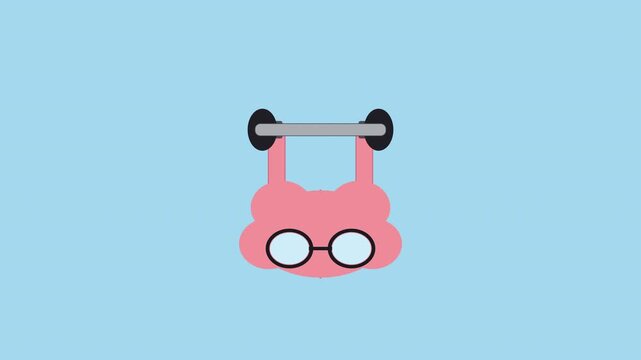 Cute cartoon brain with glasses lifting weights animation