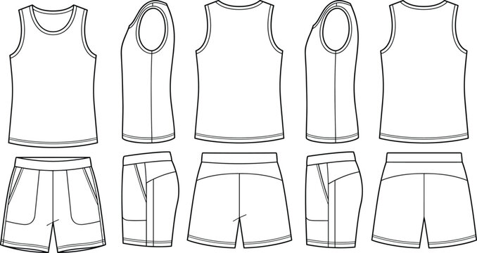 Tank top and shorts fashion technical flat sketch vector template