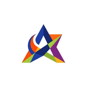 Dynamic star A logo &ndash; bold intersecting triangles and crescent shapes in blue, orange, green and purple forming a modern five‑point star monogram for agencies, education, finance, consulting, events, 