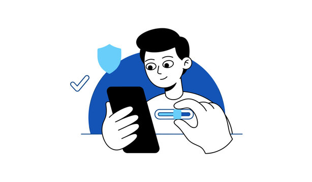 Person using smartphone and security token on blue background